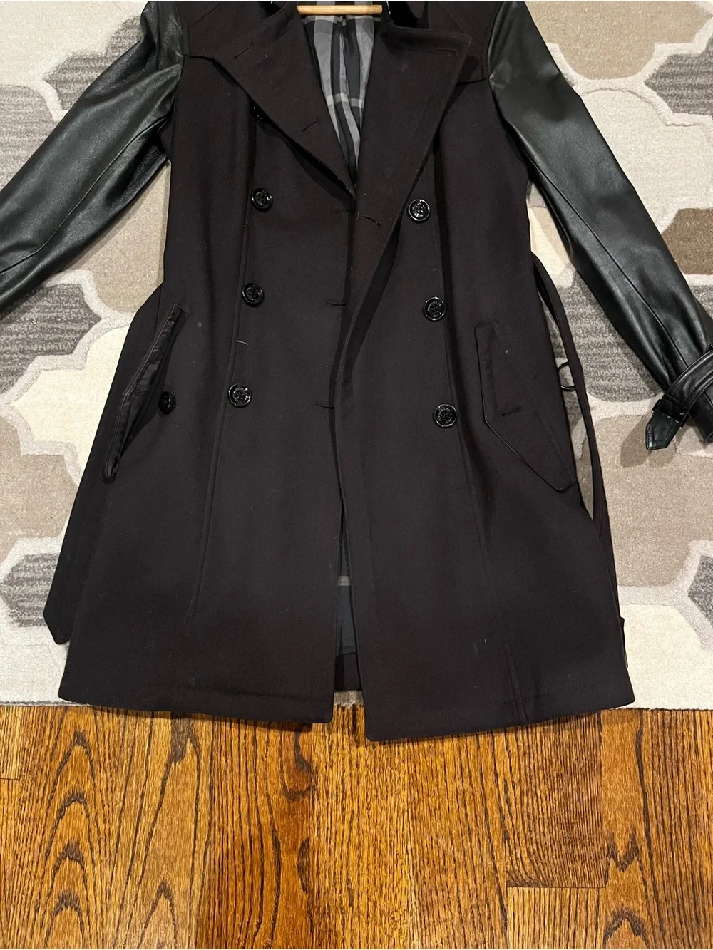 Burberry Black Trench Coat with Leather Sleeves (8) - Picture 2 of 11